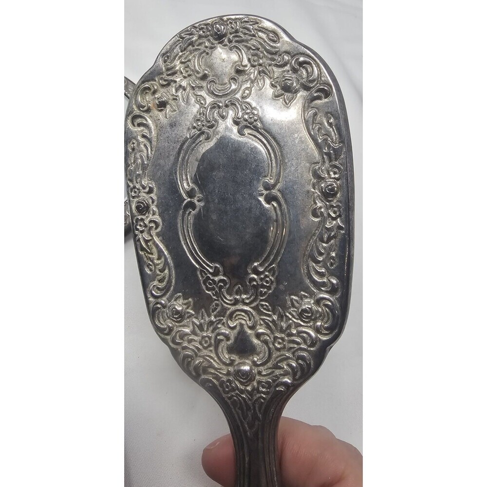 Vtg Silverplate Vanity Set 8" Brush & 9" Hand Mirror Floral Ornate Design Heavy - Picture 13 of 13